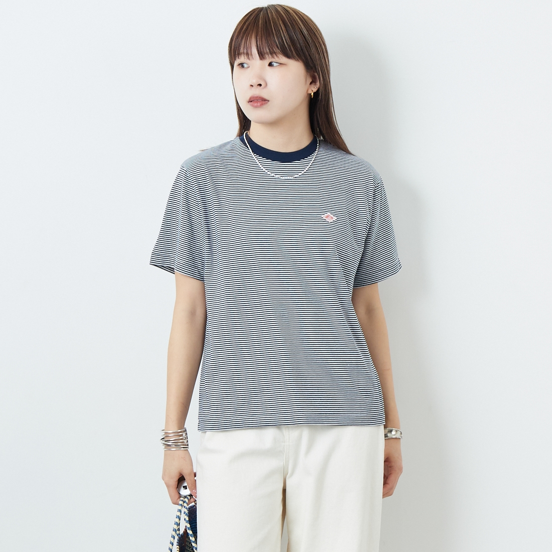 DANTON [ダントン] ボーダーインナーTシャツ [DT-C0195CVT] NAVY/WHITE &&モデル身長：167cm 着用サイズ：S&&
