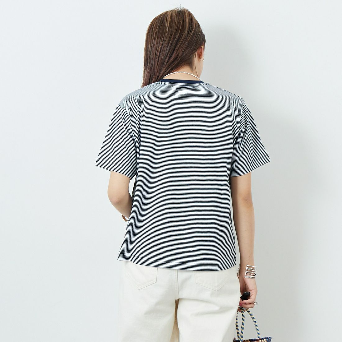 DANTON [ダントン] ボーダーインナーTシャツ [DT-C0195CVT] NAVY/WHITE &&モデル身長：167cm 着用サイズ：S&&