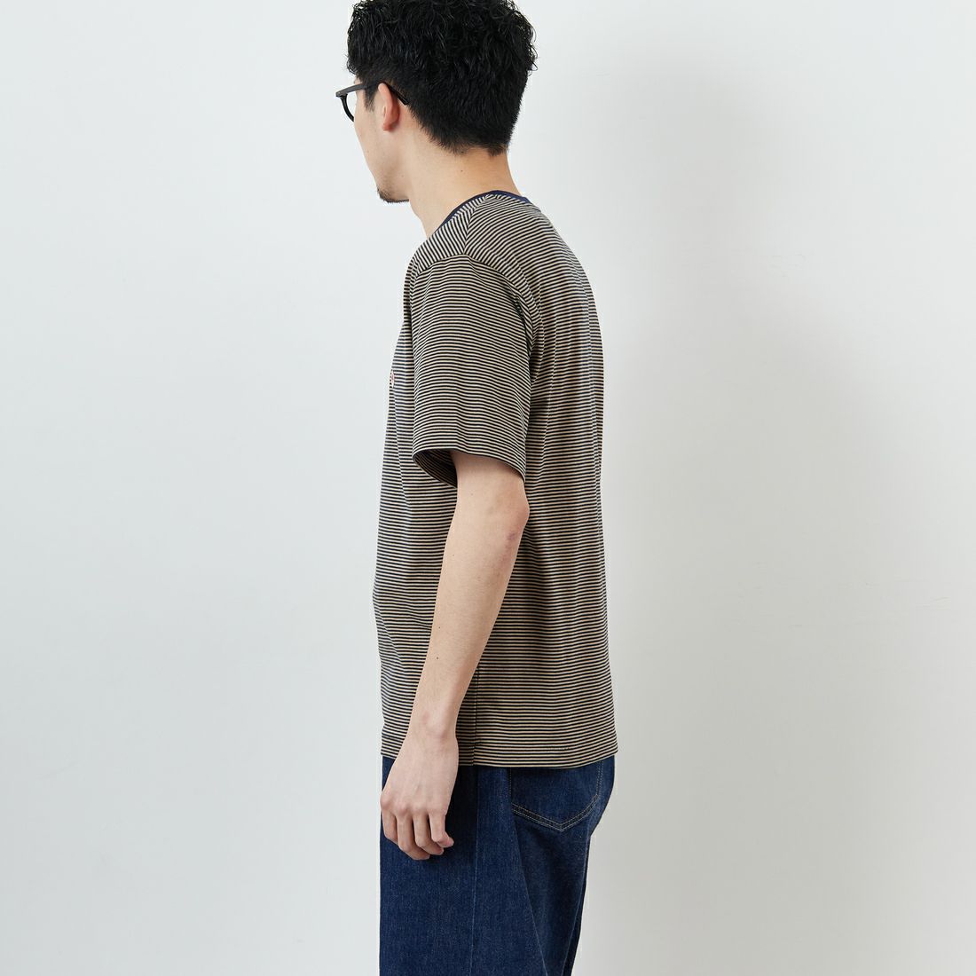 DANTON [ダントン] ボーダーインナーTシャツ [DT-C0196CVT] NAVY/BEIGE &&モデル身長：168cm 着用サイズ：M&&