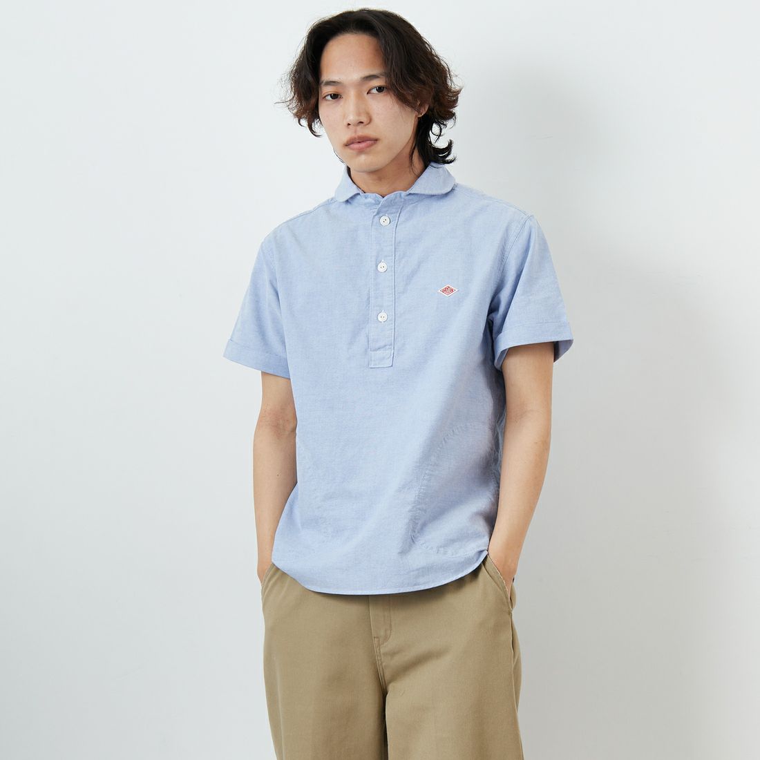 DANTON [ダントン] ラウンドカラー プルオーバーシャツ [DT-B0284SOX] BLUE &&モデル身長：179cm 着用サイズ：40&&