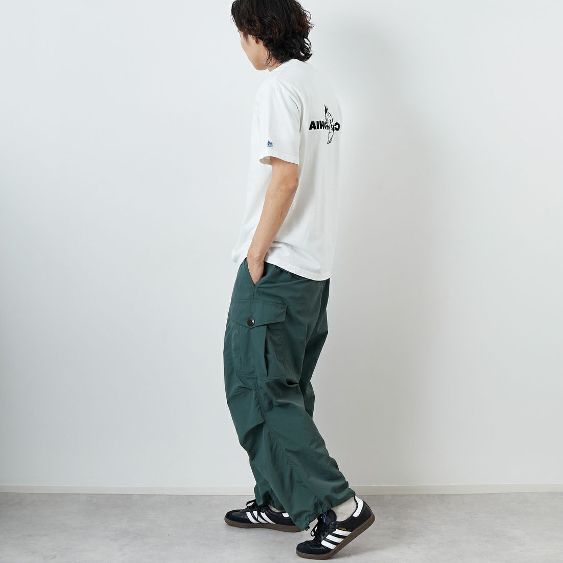 The Endless Summer [エンドレスサマー] 別注 TES CALフロッキーロゴプリントTシャツ [FH-25574504-JF] 07 WHITE &&モデル身長：179cm 着用サイズ：XL&&