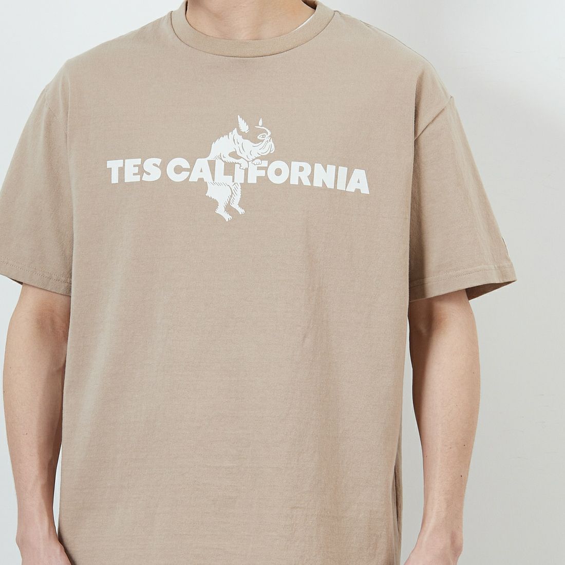 The Endless Summer [エンドレスサマー] 別注 TES CALフロッキーロゴプリントTシャツ [FH-25574504-JF] 35 BEIGE &&モデル身長：168cm 着用サイズ：L&&