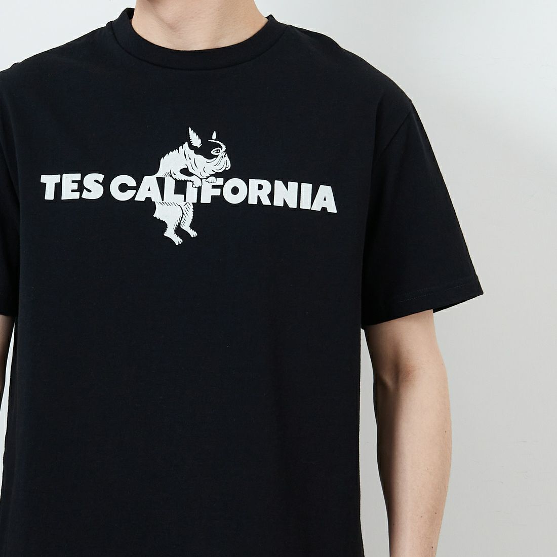 The Endless Summer [エンドレスサマー] 別注 TES CALフロッキーロゴプリントTシャツ [FH-25574504-JF] 01 BLACK &&モデル身長：168cm 着用サイズ：M&&