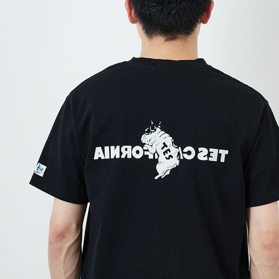 The Endless Summer [エンドレスサマー] 別注 TES CALフロッキーロゴプリントTシャツ [FH-25574504-JF] 01 BLACK &&モデル身長：168cm 着用サイズ：M&&