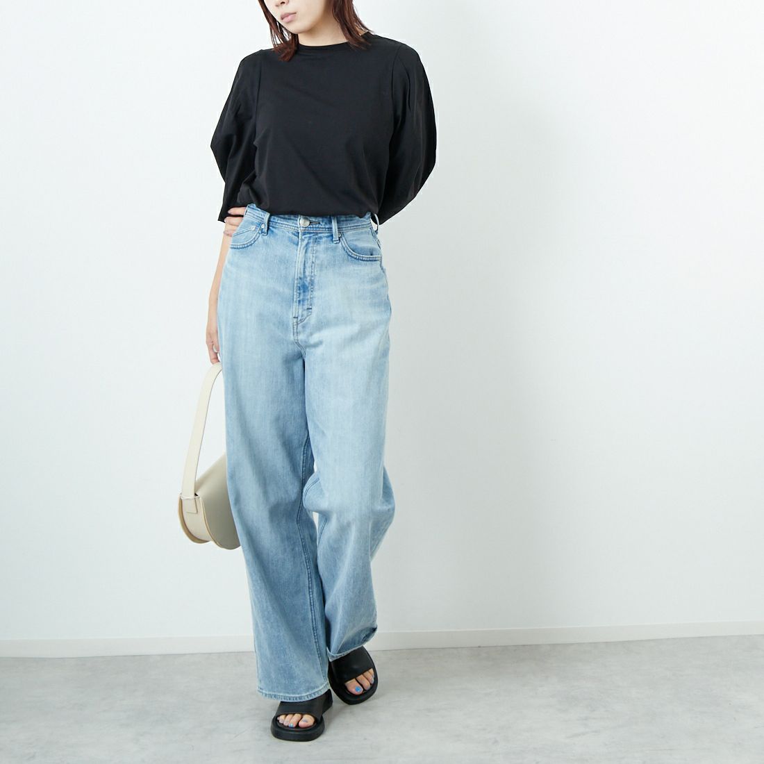Jf Ready Made [ジェイエフレディメイド] 袖タックデザイン シルケットTシャツ [3112102] 801 ﾌﾞﾗｯｸ &&モデル身長：167cm 着用サイズ：F&&