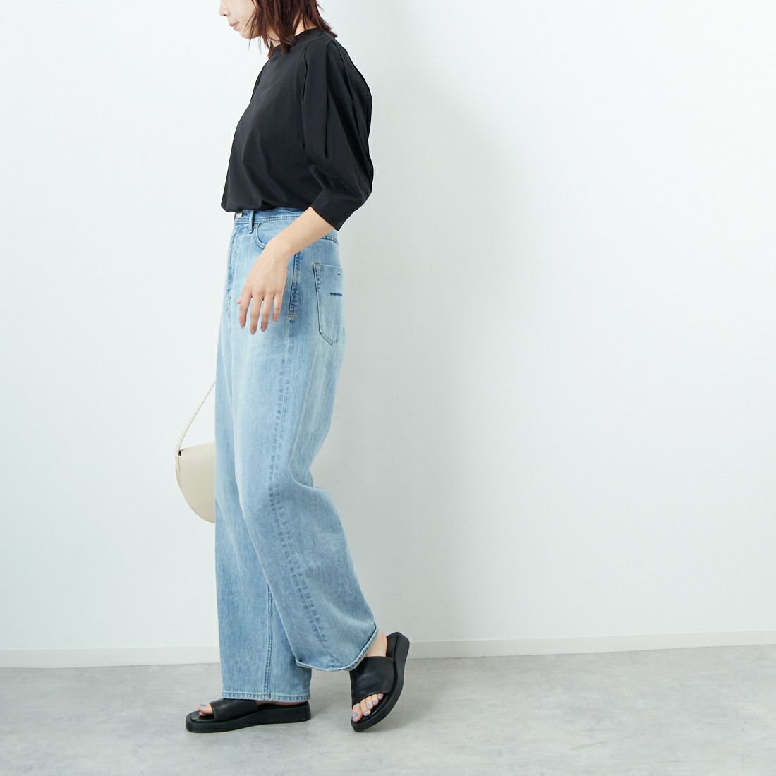 Jf Ready Made [ジェイエフレディメイド] 袖タックデザイン シルケットTシャツ [3112102] 801 ﾌﾞﾗｯｸ &&モデル身長：167cm 着用サイズ：F&&