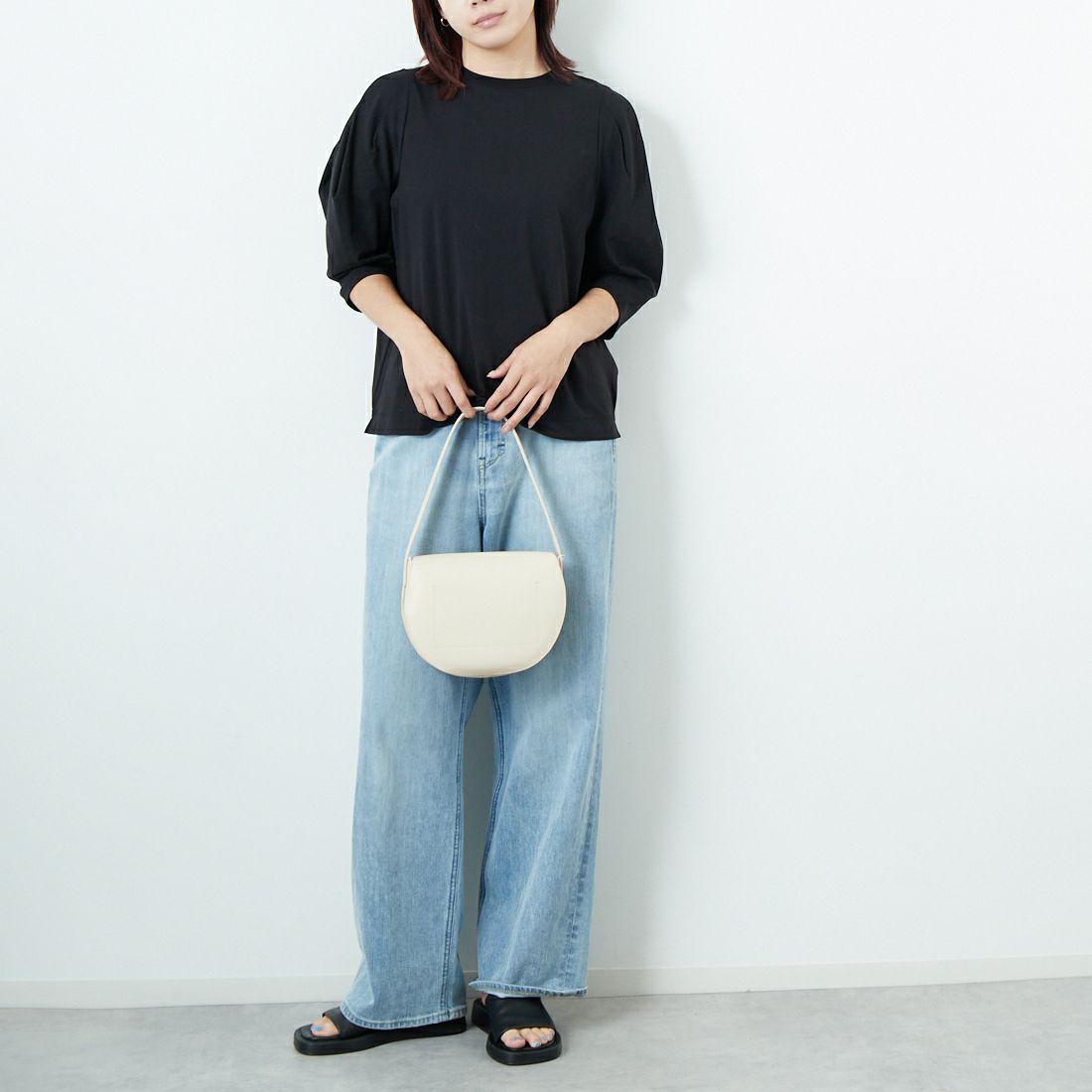 Jf Ready Made [ジェイエフレディメイド] 袖タックデザイン シルケットTシャツ [3112102] 801 ﾌﾞﾗｯｸ &&モデル身長：167cm 着用サイズ：F&&