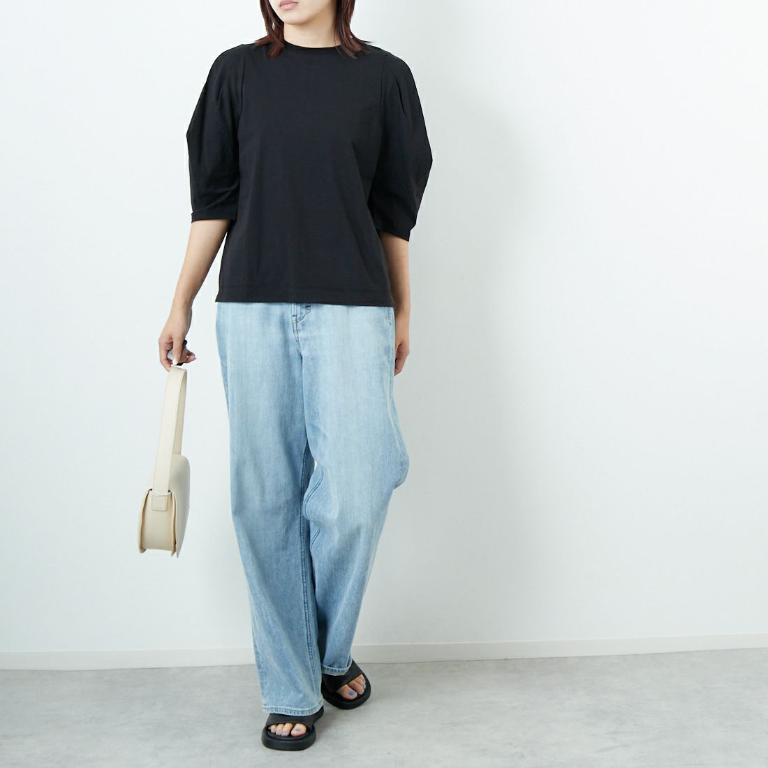 Jf Ready Made [ジェイエフレディメイド] 袖タックデザイン シルケットTシャツ [3112102] 801 ﾌﾞﾗｯｸ &&モデル身長：167cm 着用サイズ：F&&