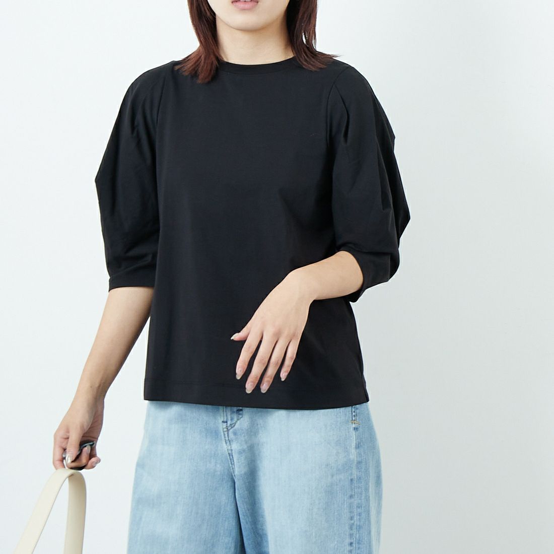 Jf Ready Made [ジェイエフレディメイド] 袖タックデザイン シルケットTシャツ [3112102] 801 ﾌﾞﾗｯｸ &&モデル身長：167cm 着用サイズ：F&&