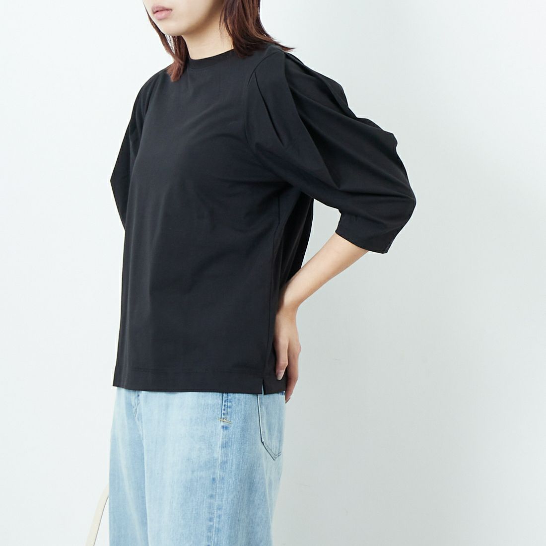 Jf Ready Made [ジェイエフレディメイド] 袖タックデザイン シルケットTシャツ [3112102] 801 ﾌﾞﾗｯｸ &&モデル身長：167cm 着用サイズ：F&&