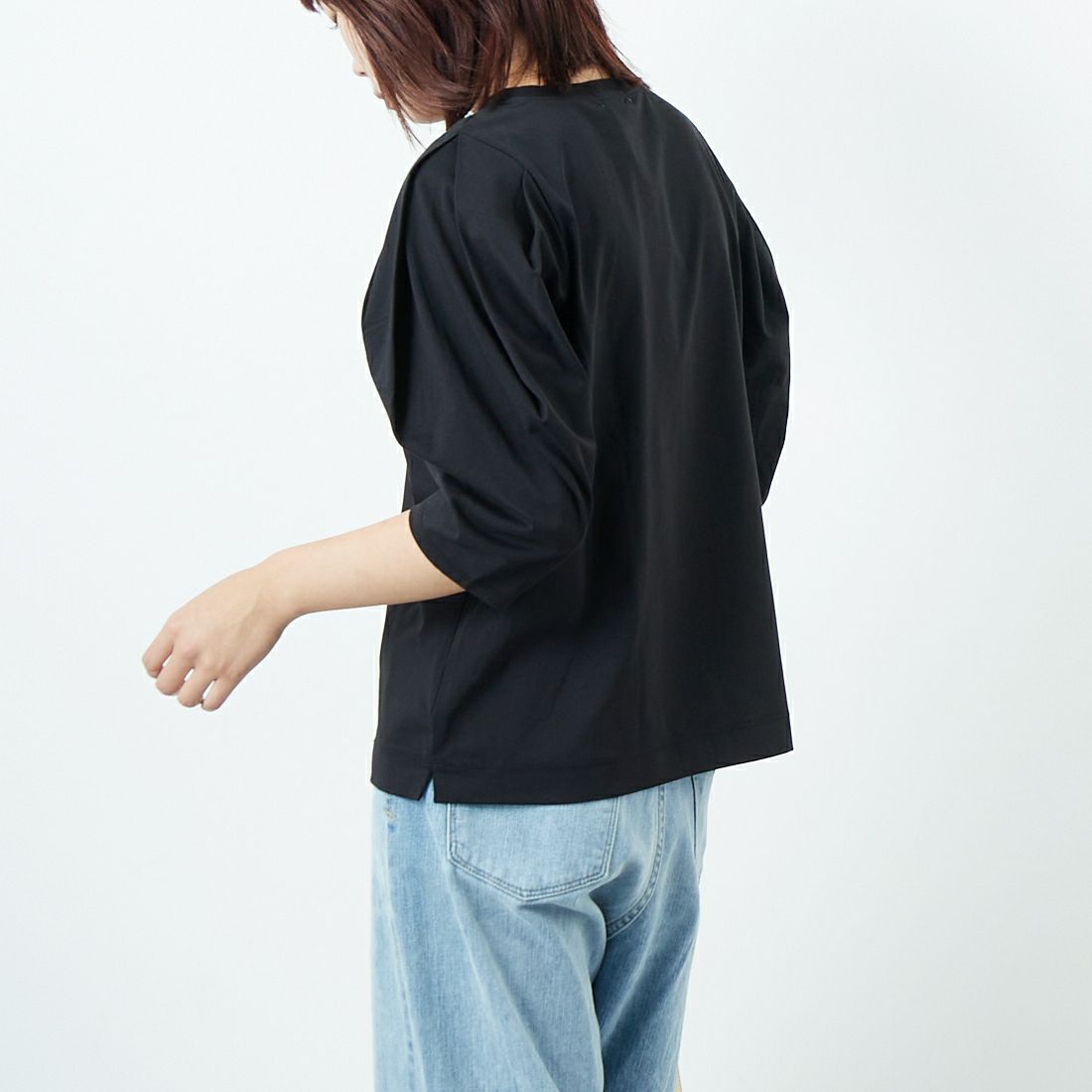 Jf Ready Made [ジェイエフレディメイド] 袖タックデザイン シルケットTシャツ [3112102] 801 ﾌﾞﾗｯｸ &&モデル身長：167cm 着用サイズ：F&&
