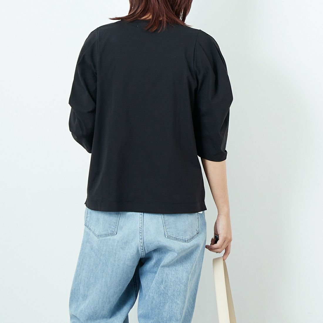 Jf Ready Made [ジェイエフレディメイド] 袖タックデザイン シルケットTシャツ [3112102] 801 ﾌﾞﾗｯｸ &&モデル身長：167cm 着用サイズ：F&&