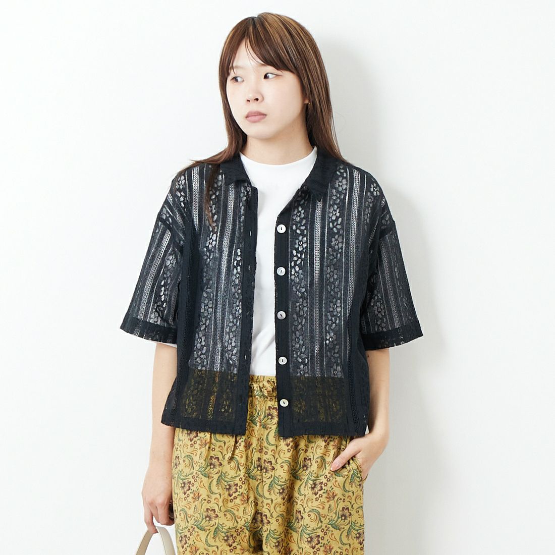 Jf Ready Made [ジェイエフレディメイド] 半袖レースシャツ [3112303] 801 ﾌﾞﾗｯｸ &&モデル身長：167cm 着用サイズ：F&&