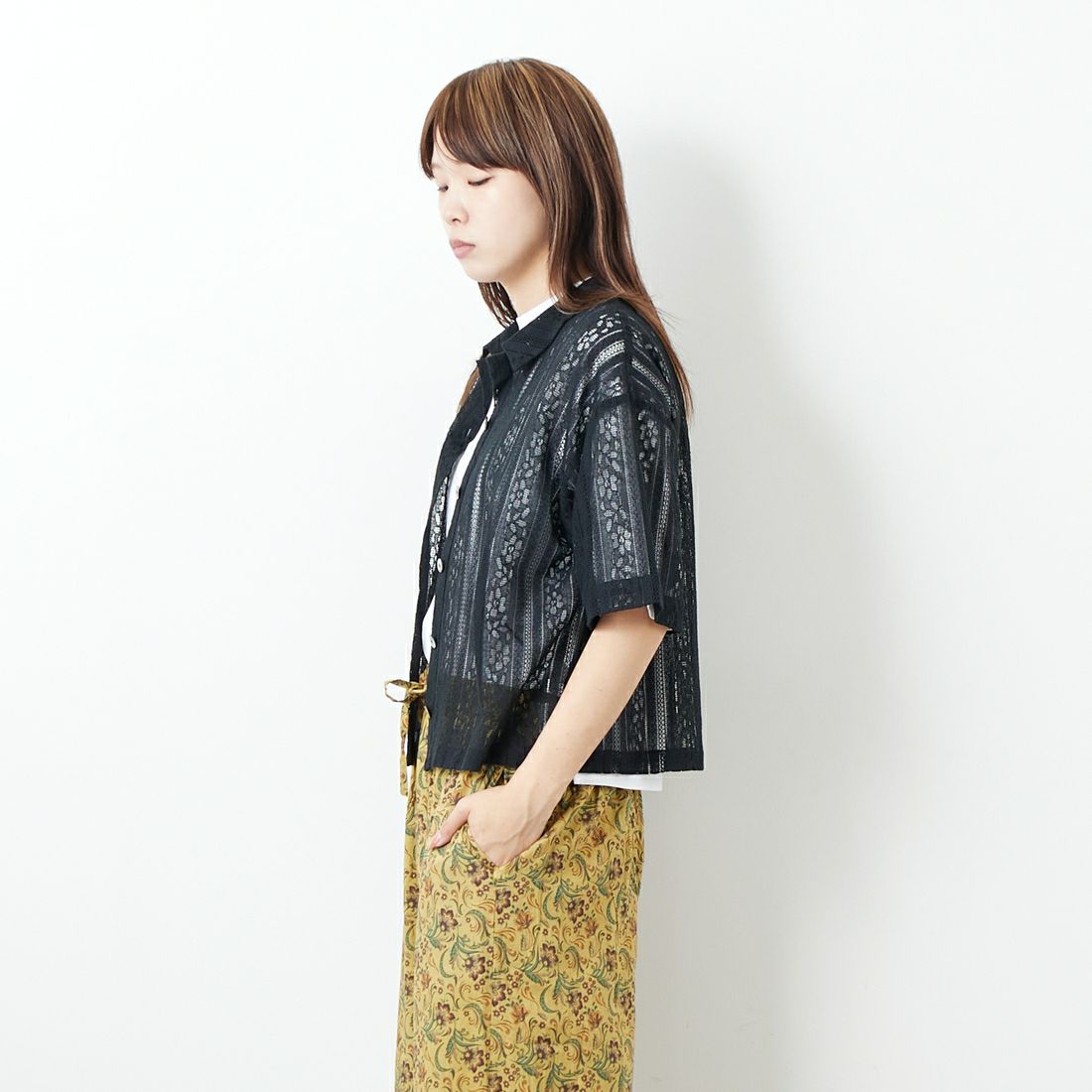 Jf Ready Made [ジェイエフレディメイド] 半袖レースシャツ [3112303] 801 ﾌﾞﾗｯｸ &&モデル身長：167cm 着用サイズ：F&&