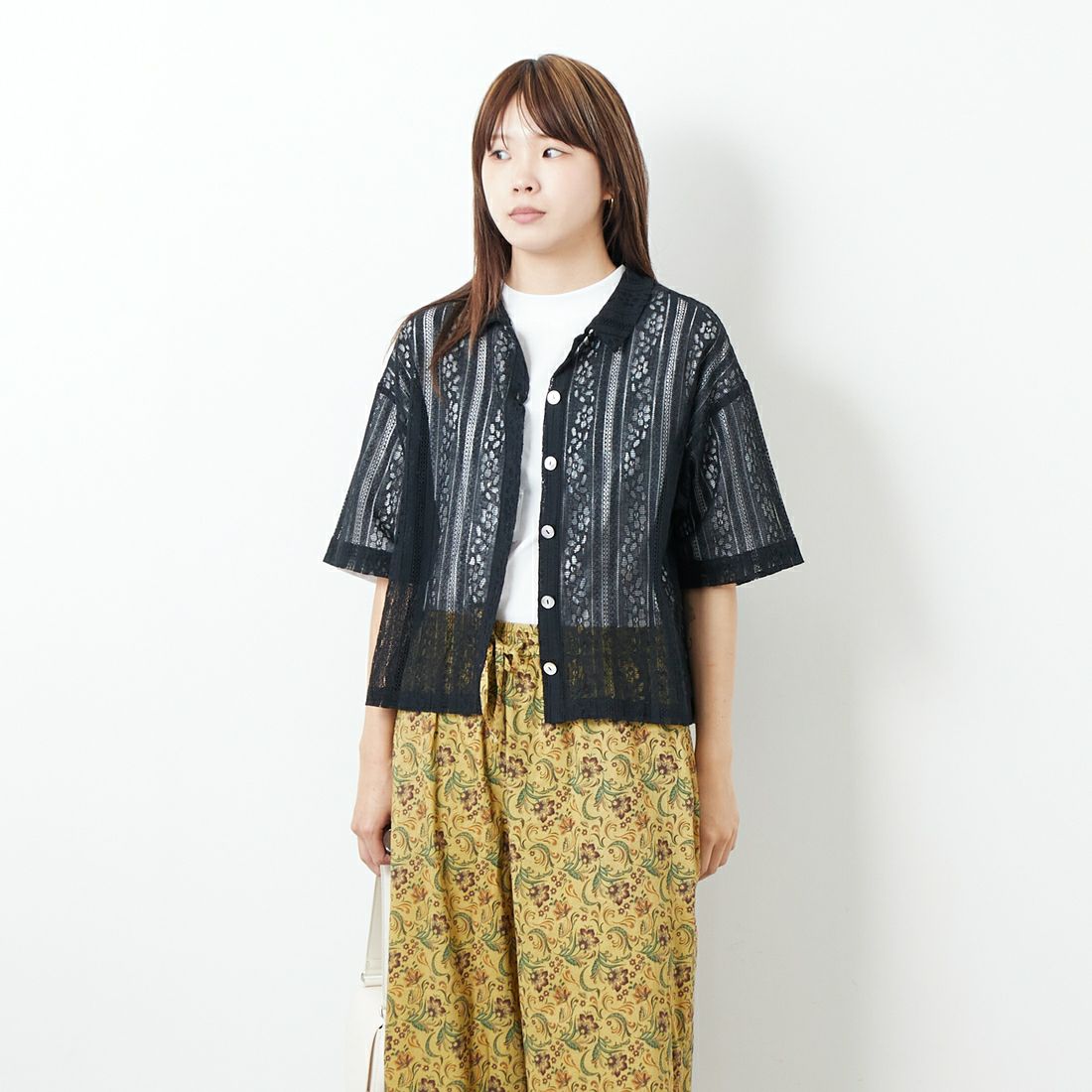 Jf Ready Made [ジェイエフレディメイド] 半袖レースシャツ [3112303] 801 ﾌﾞﾗｯｸ &&モデル身長：167cm 着用サイズ：F&&