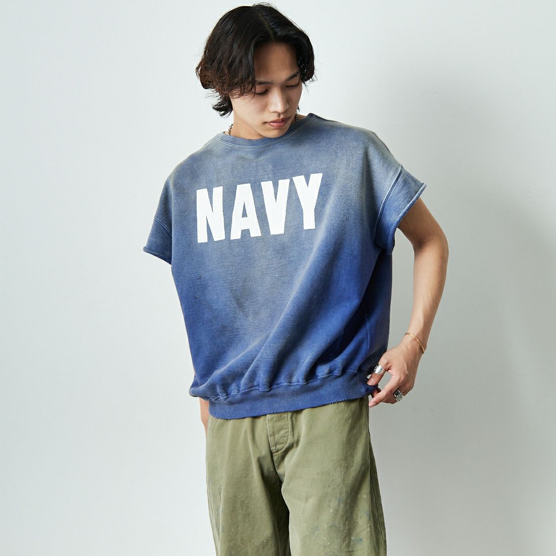 BOW WOW [バウワウ] US NAVY ショートスリーブスウェット [BW251-UNSSS] NAVY AGING &&モデル身長：179cm 着用サイズ：XL&&