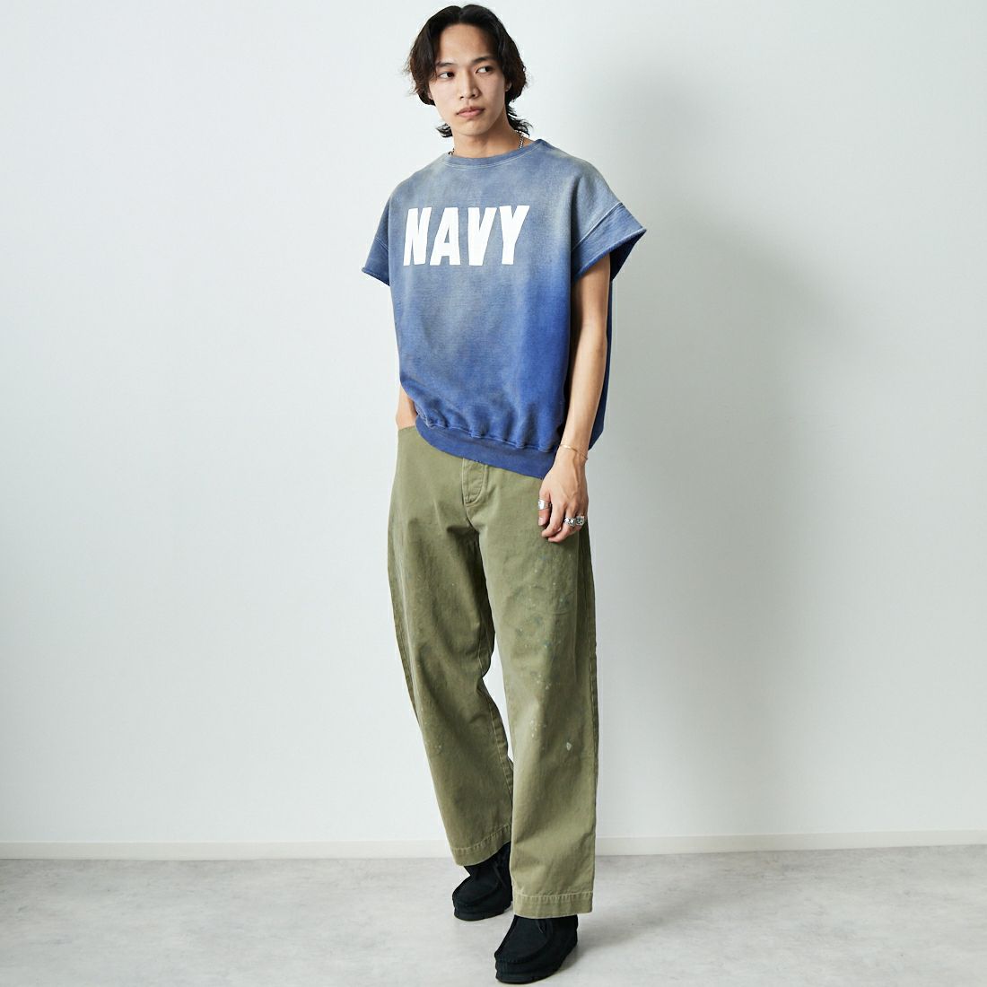 BOW WOW [バウワウ] US NAVY ショートスリーブスウェット [BW251-UNSSS] NAVY AGING &&モデル身長：179cm 着用サイズ：XL&&
