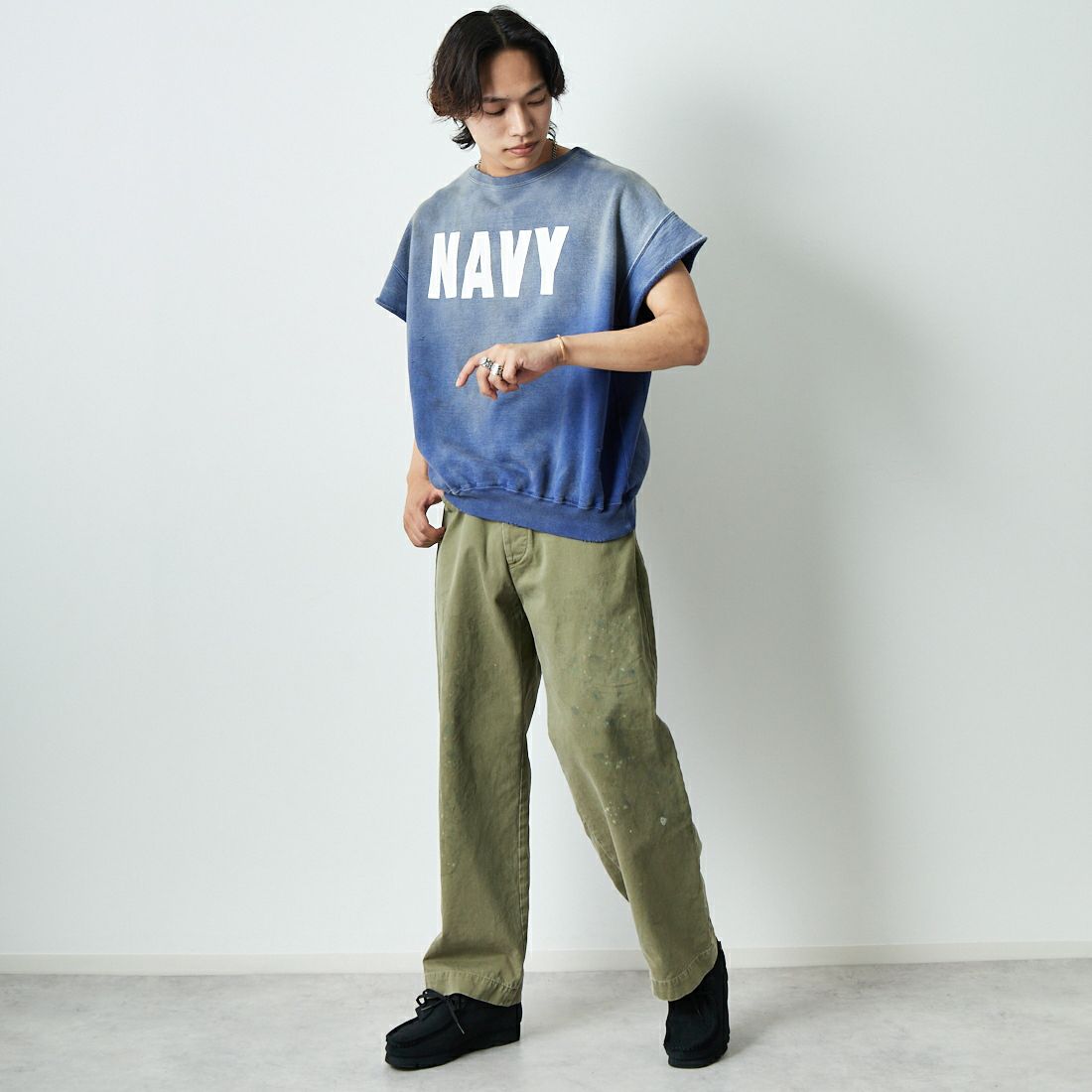 BOW WOW [バウワウ] US NAVY ショートスリーブスウェット [BW251-UNSSS] NAVY AGING &&モデル身長：179cm 着用サイズ：XL&&