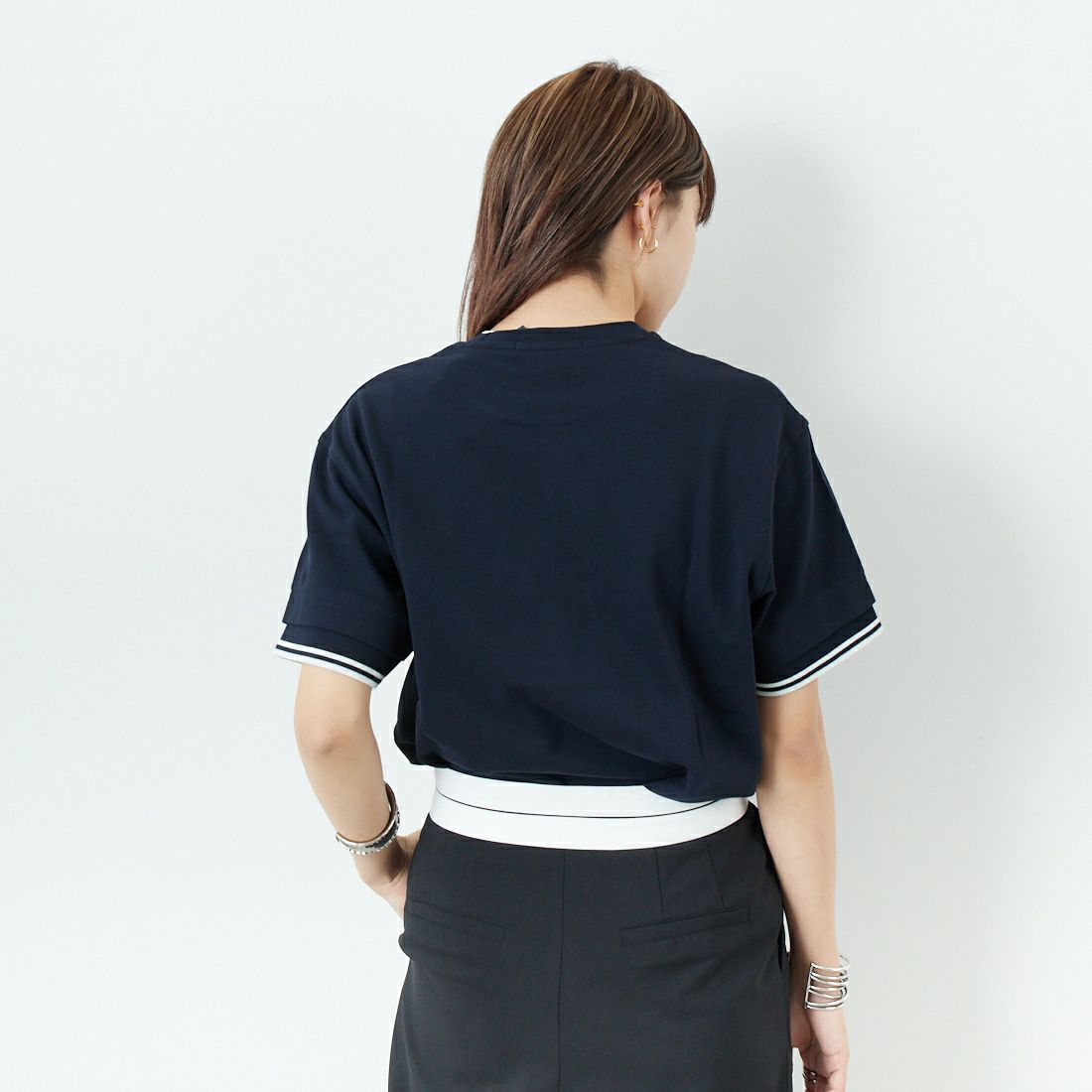 FRED PERRY [フレッドペリー] ティップライン ショートスリーブピケTシャツ [G9167] 608 NAVY &&モデル身長：167cm 着用サイズ：S&&