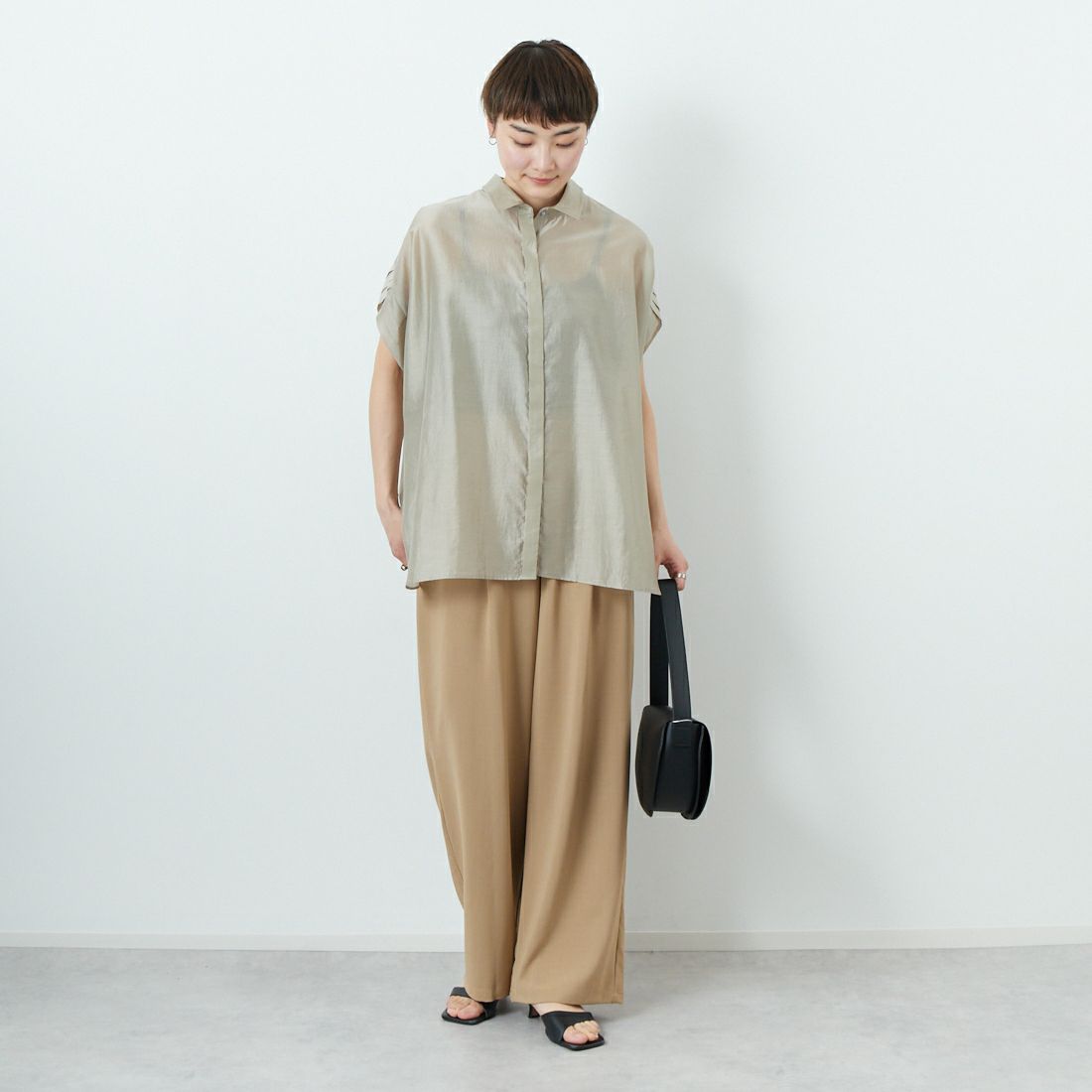 CLOCHE [クロシェ] 接触冷感1タックワイドパンツ [51286518] ﾍﾞｰｼﾞｭ &&モデル身長：160cm 着用サイズ：2&&