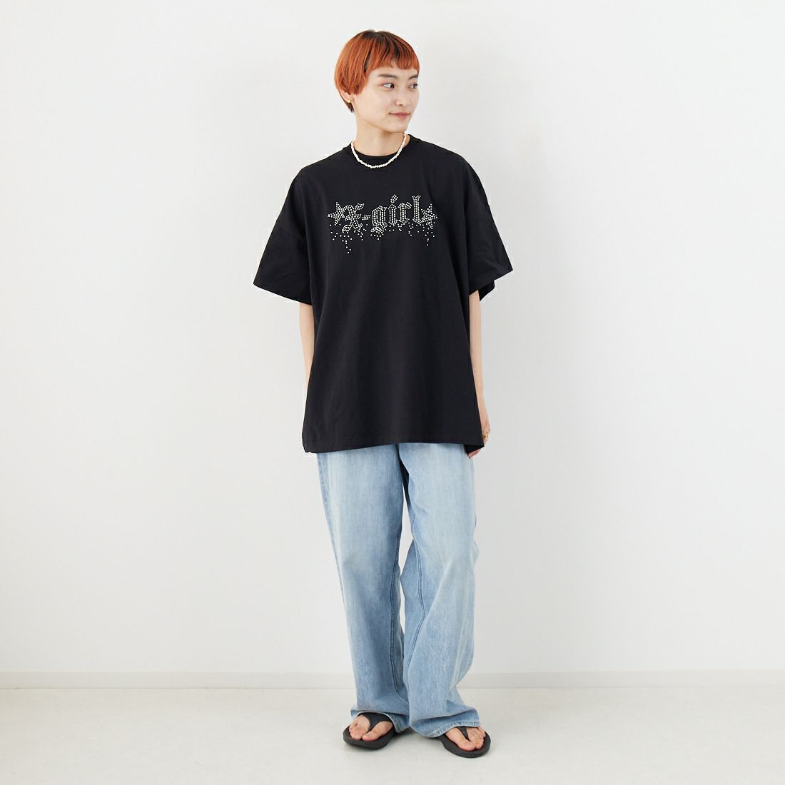X-girl [エックスガール] ラインストーンロゴTシャツワンピース [105252041009] BLACK &&モデル身長：160cm 着用サイズ：S&&