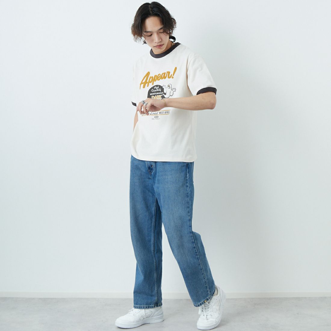 33Degrees [サーティスリーディグリーズ] 刺繍リンガーTシャツ [TDR-252-020] 80 CH BEER &&モデル身長：179cm 着用サイズ：M&&