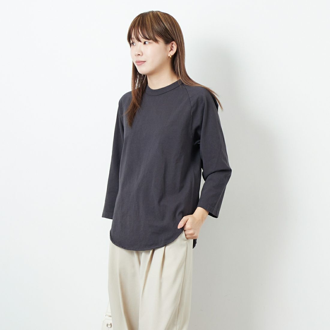 WALLA WALLA SPORT [ワラワラスポーツ] 7分袖ソリッドベースボールTシャツ [3-4-BASEBALL-TEE-SOL] USED BLACK &&モデル身長：167cm 着用サイズ：M&&