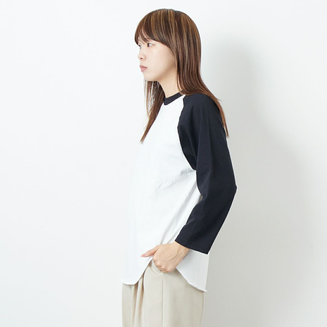 WALLA WALLA SPORT [ワラワラスポーツ] 7分袖2トーンベースボールTシャツ [3-4-BASEBALL-TEE-2-T] WHT/BLK &&モデル身長：167cm 着用サイズ：M&&