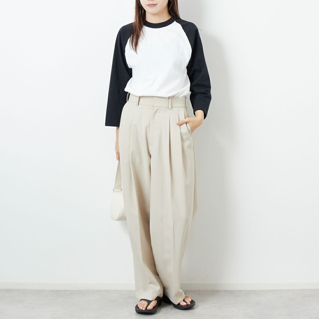 WALLA WALLA SPORT [ワラワラスポーツ] 7分袖2トーンベースボールTシャツ [3-4-BASEBALL-TEE-2-T] WHT/BLK &&モデル身長：167cm 着用サイズ：M&&
