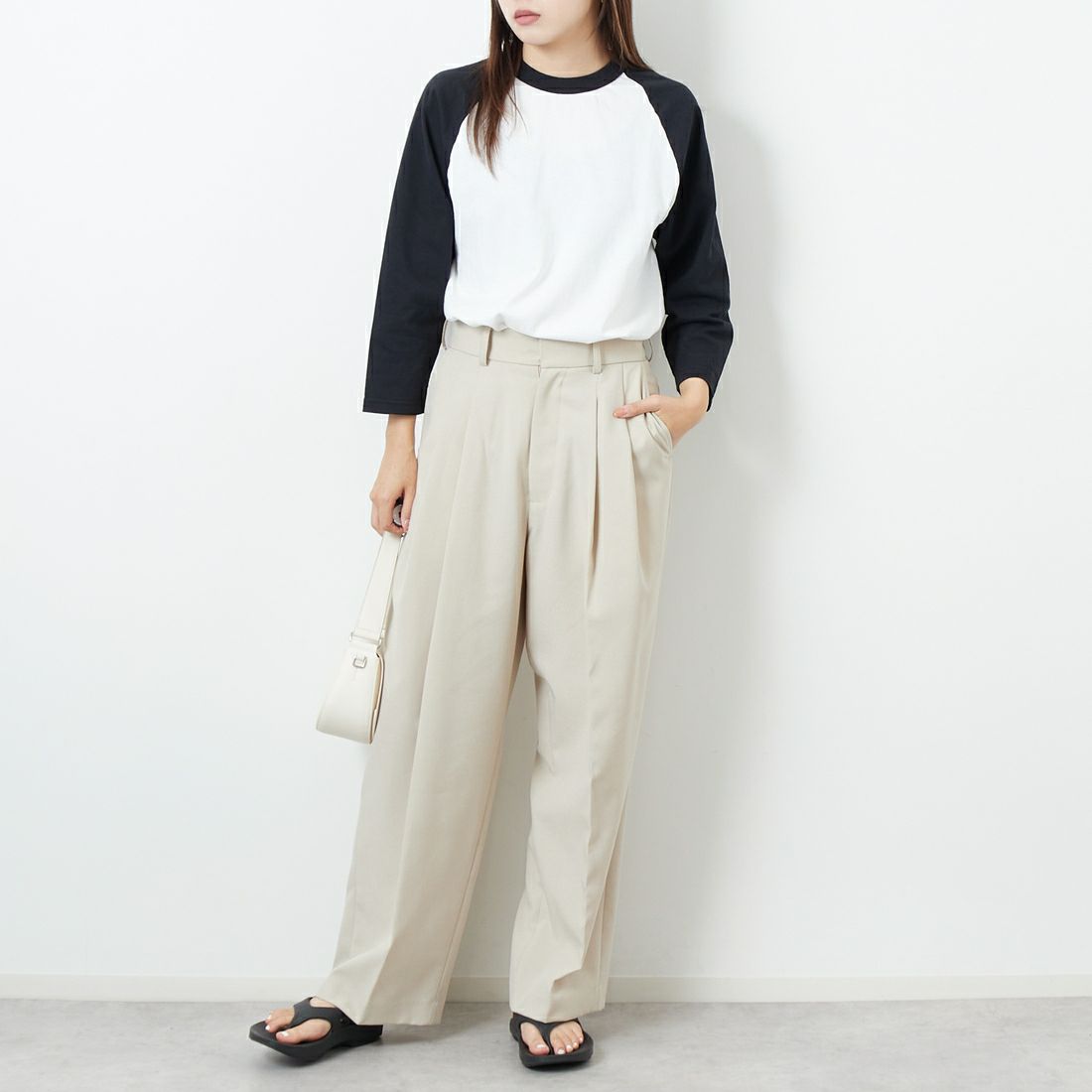 WALLA WALLA SPORT [ワラワラスポーツ] 7分袖2トーンベースボールTシャツ [3-4-BASEBALL-TEE-2-T] WHT/BLK &&モデル身長：167cm 着用サイズ：M&&