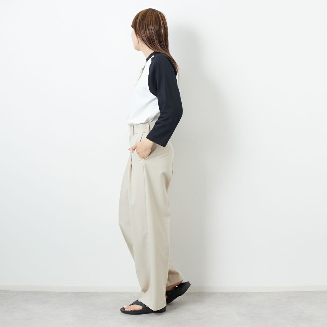 WALLA WALLA SPORT [ワラワラスポーツ] 7分袖2トーンベースボールTシャツ [3-4-BASEBALL-TEE-2-T] WHT/BLK &&モデル身長：167cm 着用サイズ：M&&