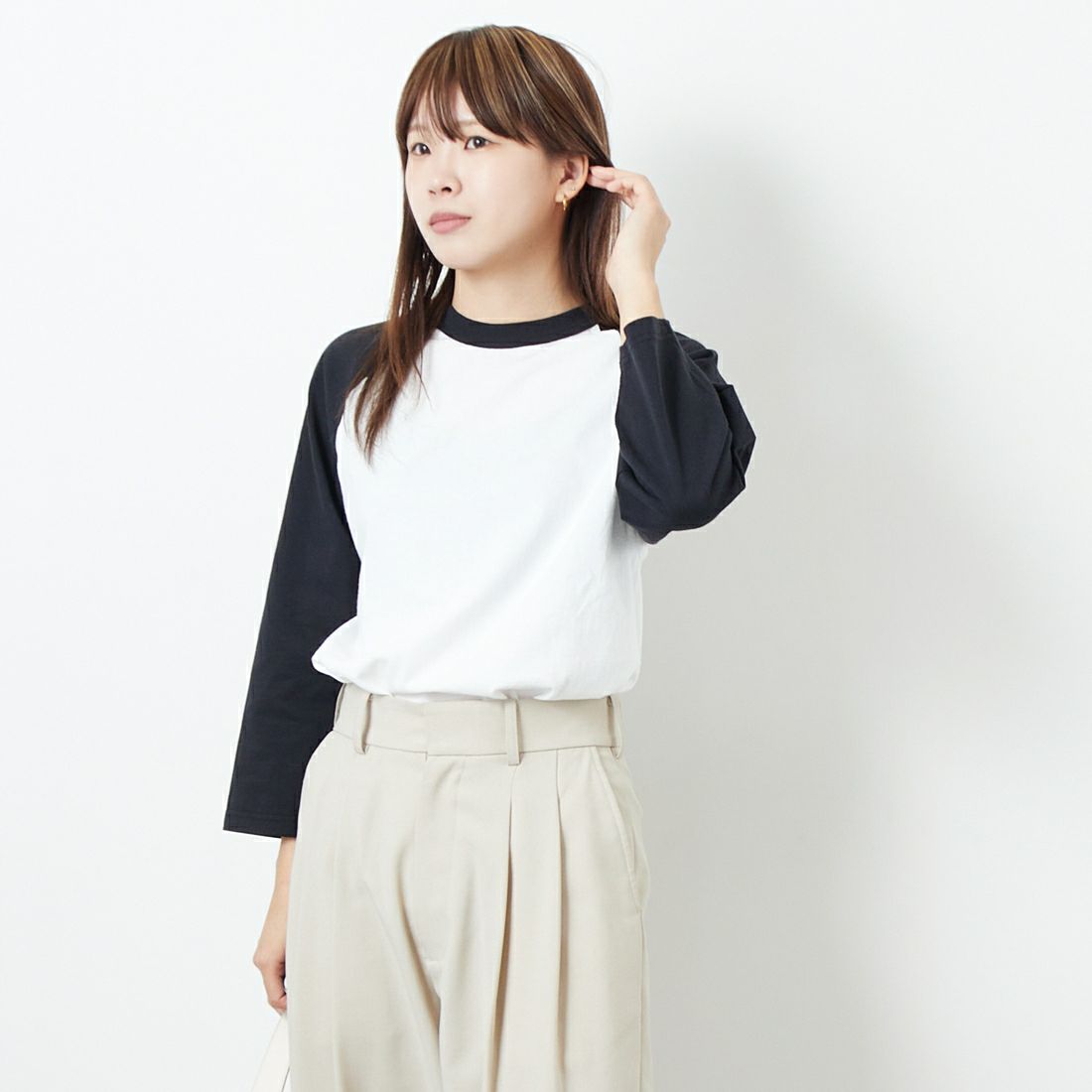 WALLA WALLA SPORT [ワラワラスポーツ] 7分袖2トーンベースボールTシャツ [3-4-BASEBALL-TEE-2-T] WHT/BLK &&モデル身長：167cm 着用サイズ：M&&