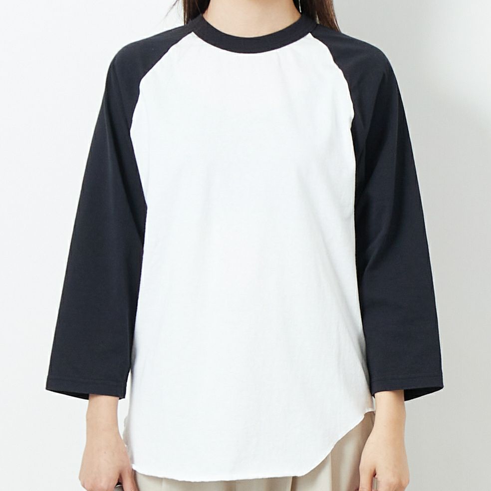 WALLA WALLA SPORT [ワラワラスポーツ] 7分袖2トーンベースボールTシャツ [3-4-BASEBALL-TEE-2-T] WHT/BLK &&モデル身長：167cm 着用サイズ：M&&