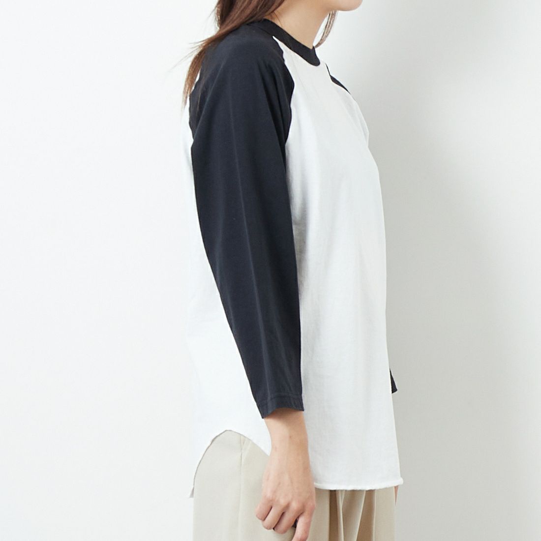 WALLA WALLA SPORT [ワラワラスポーツ] 7分袖2トーンベースボールTシャツ [3-4-BASEBALL-TEE-2-T] WHT/BLK &&モデル身長：167cm 着用サイズ：M&&
