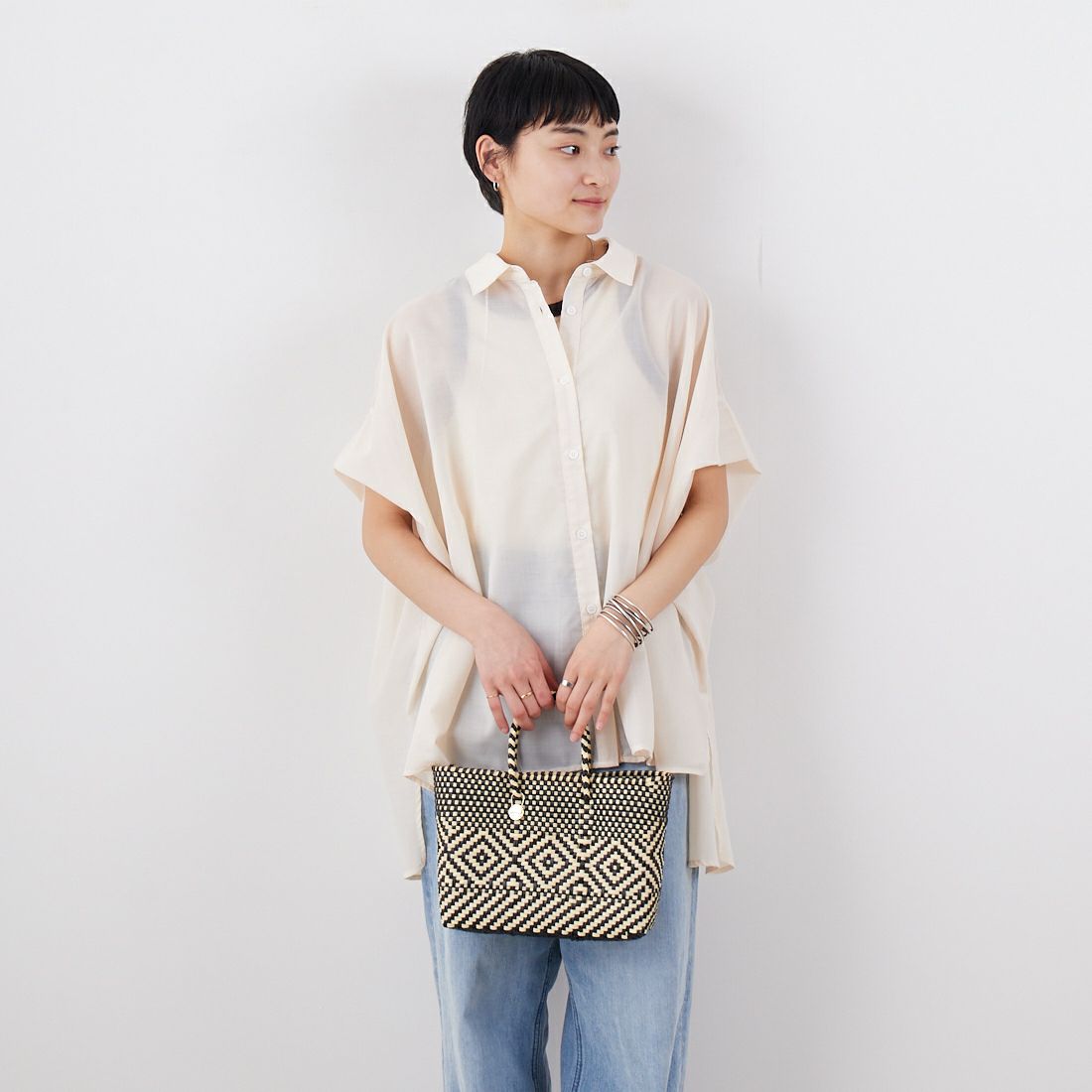 Jf Ready Made [ジェイエフレディメイド] 袖タックシアーシャツ [147-18321] 03 ﾊﾞﾆﾗ &&モデル身長：160cm 着用サイズ：F&&