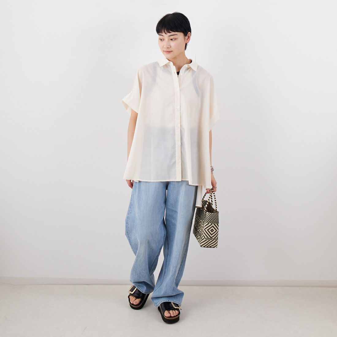 Jf Ready Made [ジェイエフレディメイド] 袖タックシアーシャツ [147-18321] 03 ﾊﾞﾆﾗ &&モデル身長：160cm 着用サイズ：F&&