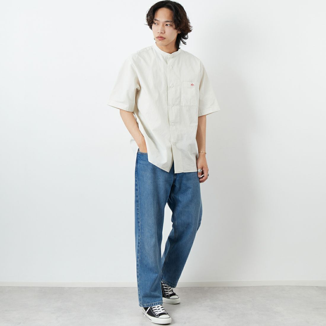 DANTON [ダントン] コットンリネン バンドカラーシャツ [JD-3788SCL] IVORY &&モデル身長：179cm 着用サイズ：42&&