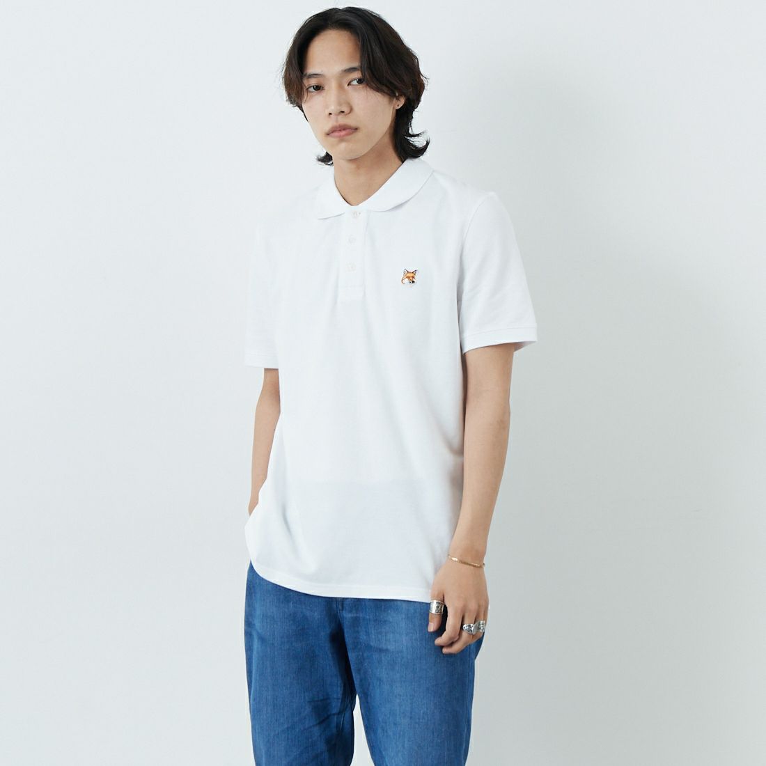 MAISON KITSUNE [メゾン キツネ] フォックスヘッド パッチ レギュラー ポロ [LM00208KJ7002] P100 WHITE &&モデル身長：179cm 着用サイズ：M&&