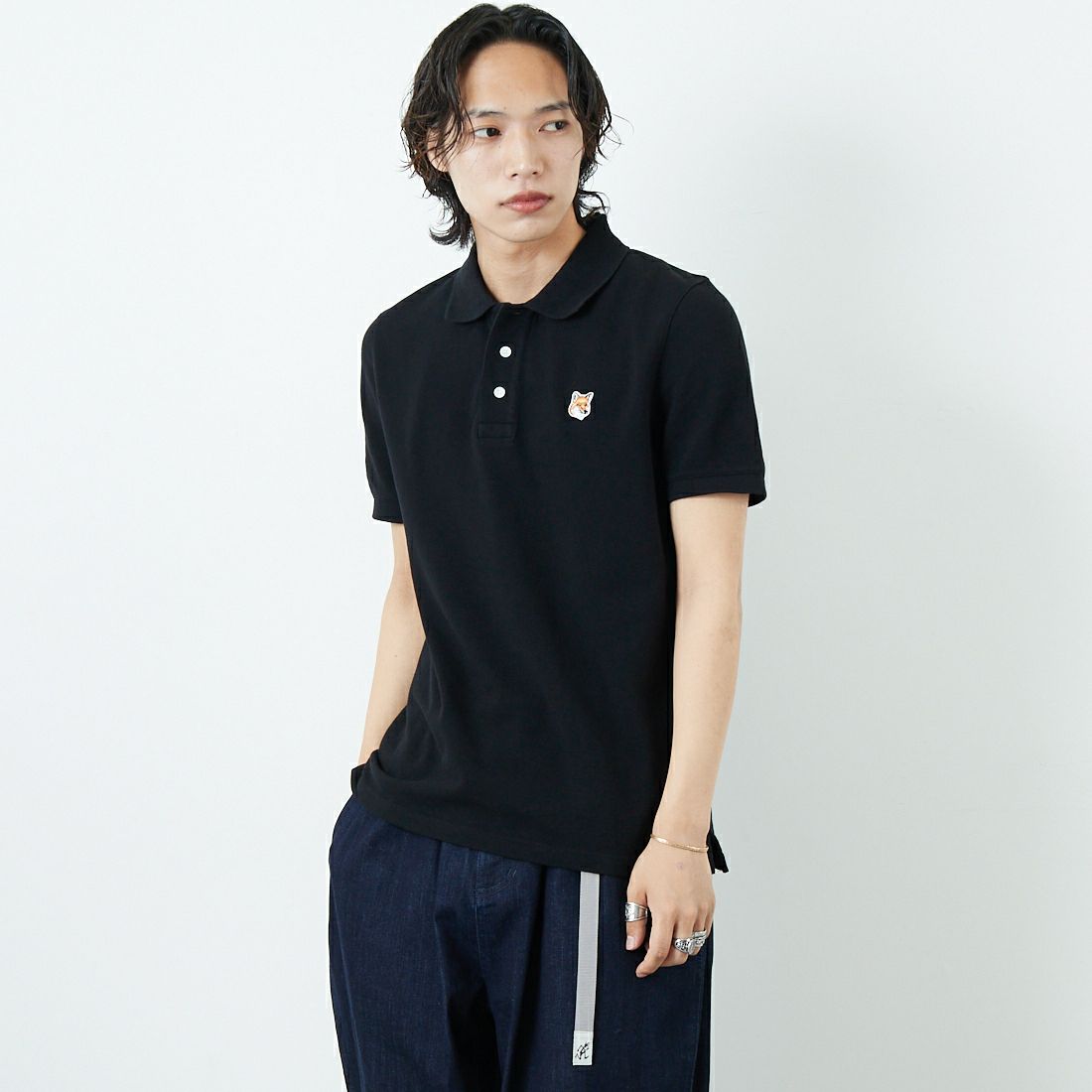 MAISON KITSUNE [メゾン キツネ] フォックスヘッド パッチ レギュラー ポロ [LM00208KJ7002] P199 BLACK &&モデル身長：179cm 着用サイズ：S&&