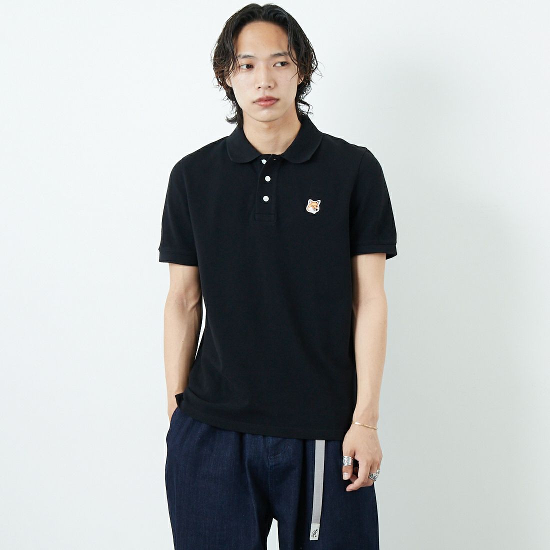 MAISON KITSUNE [メゾン キツネ] フォックスヘッド パッチ レギュラー ポロ [LM00208KJ7002] P199 BLACK &&モデル身長：179cm 着用サイズ：S&&