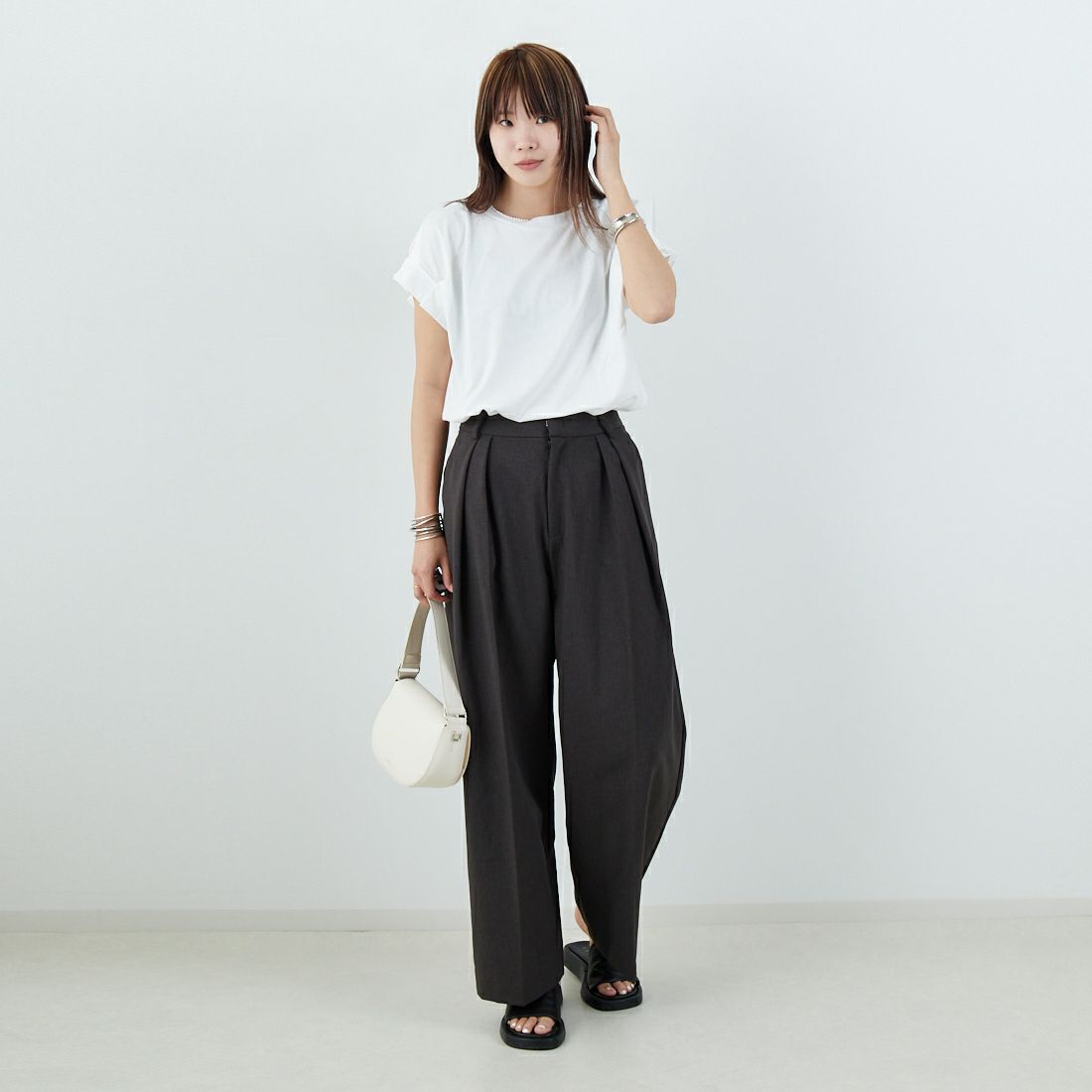 Jeans Factory Clothes [ジーンズファクトリークローズ] カーブタックワイドパンツ [21254069] 003 ﾁｬｺｰﾙ &&モデル身長：167cm 着用サイズ：38&&