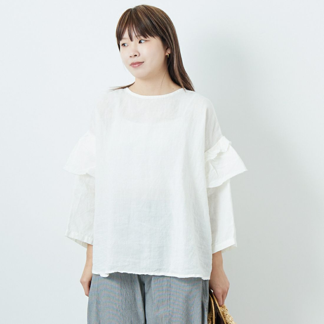 tumugu: [ツムグ] ラミーキャンバス 2WAYブラウス [TB25129] 02 OFF &&モデル身長：167cm 着用サイズ：F&&