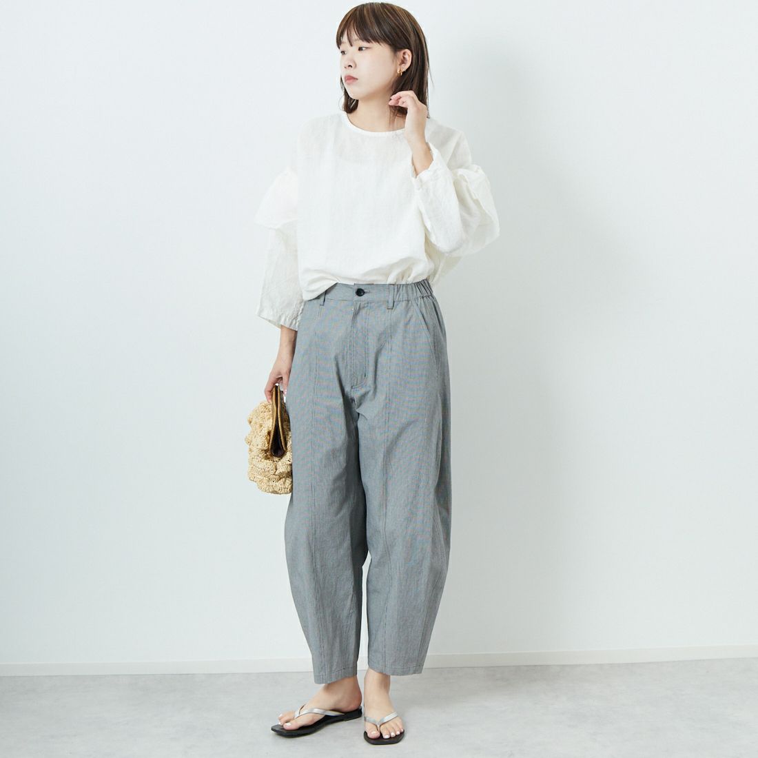 tumugu: [ツムグ] ラミーキャンバス 2WAYブラウス [TB25129] 02 OFF &&モデル身長：167cm 着用サイズ：F&&