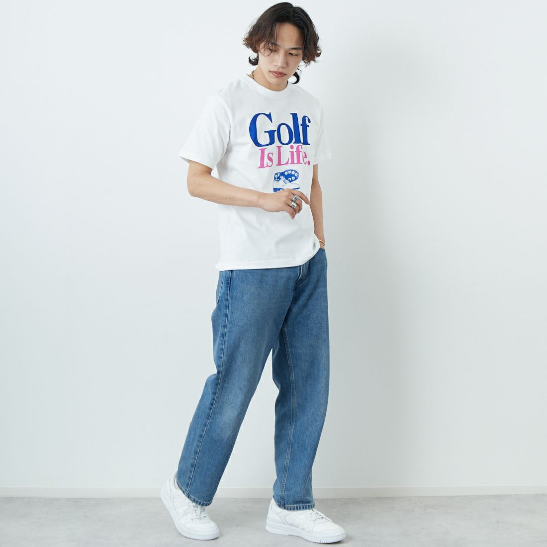 NEW VINTAGE GOLF [ニュービンテージゴルフ] GOLF IS LIFE ショートスリーブTシャツ [NVG-0301] WHITE &&モデル身長：179cm 着用サイズ：M&&