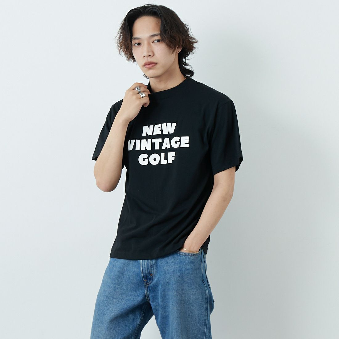 NEW VINTAGE GOLF [ニュービンテージゴルフ] NO LECTURE ショートスリーブTシャツ [NVG-0302] BLACK &&モデル身長：179cm 着用サイズ：M&&