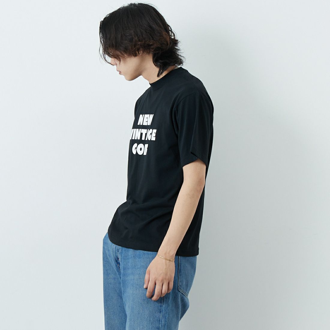 NEW VINTAGE GOLF [ニュービンテージゴルフ] NO LECTURE ショートスリーブTシャツ [NVG-0302] BLACK &&モデル身長：179cm 着用サイズ：M&&
