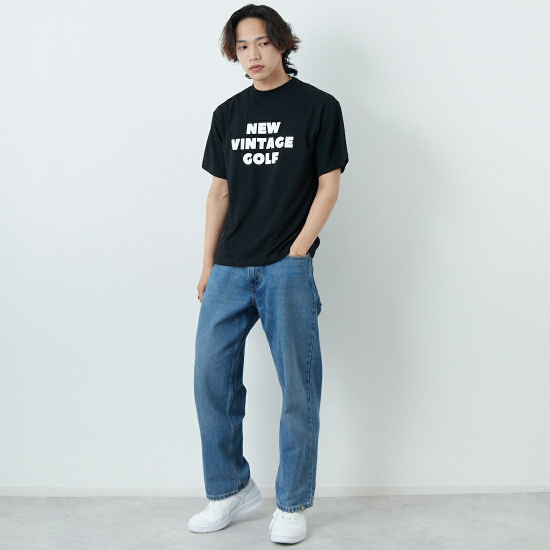 NEW VINTAGE GOLF [ニュービンテージゴルフ] NO LECTURE ショートスリーブTシャツ [NVG-0302] BLACK &&モデル身長：179cm 着用サイズ：M&&