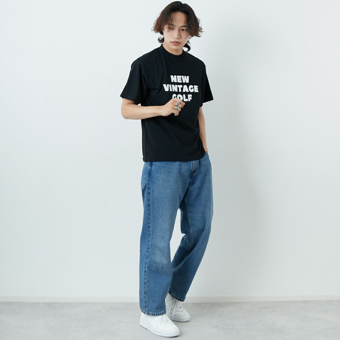 NEW VINTAGE GOLF [ニュービンテージゴルフ] NO LECTURE ショートスリーブTシャツ [NVG-0302] BLACK &&モデル身長：179cm 着用サイズ：M&&