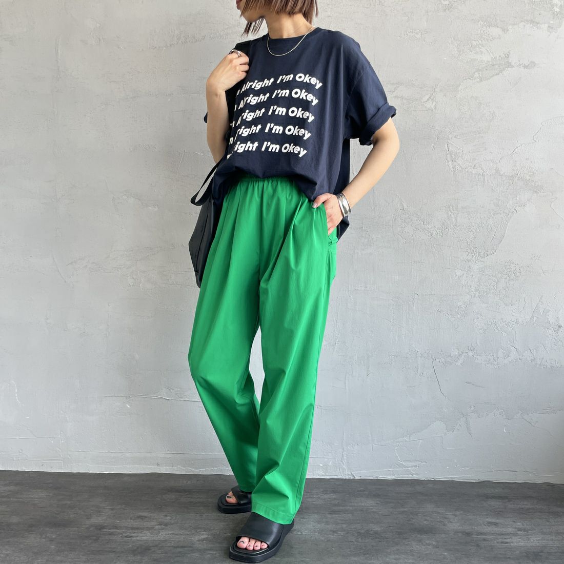 FUNG [ファング] IM ALRIGHT カットオフプリントTシャツ [IM-ALRIGHT] NV/WHITE &&モデル身長：159cm 着用サイズ：M&&
