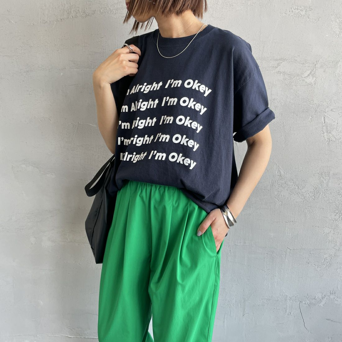 FUNG [ファング] IM ALRIGHT カットオフプリントTシャツ [IM-ALRIGHT] NV/WHITE &&モデル身長：159cm 着用サイズ：M&&